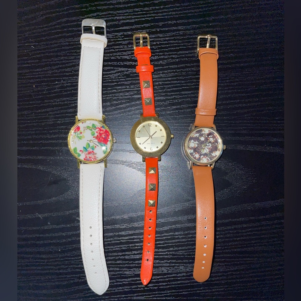 Set of Three Stylish Women’s Fashion Watches - Floral, Gold, and Patterned